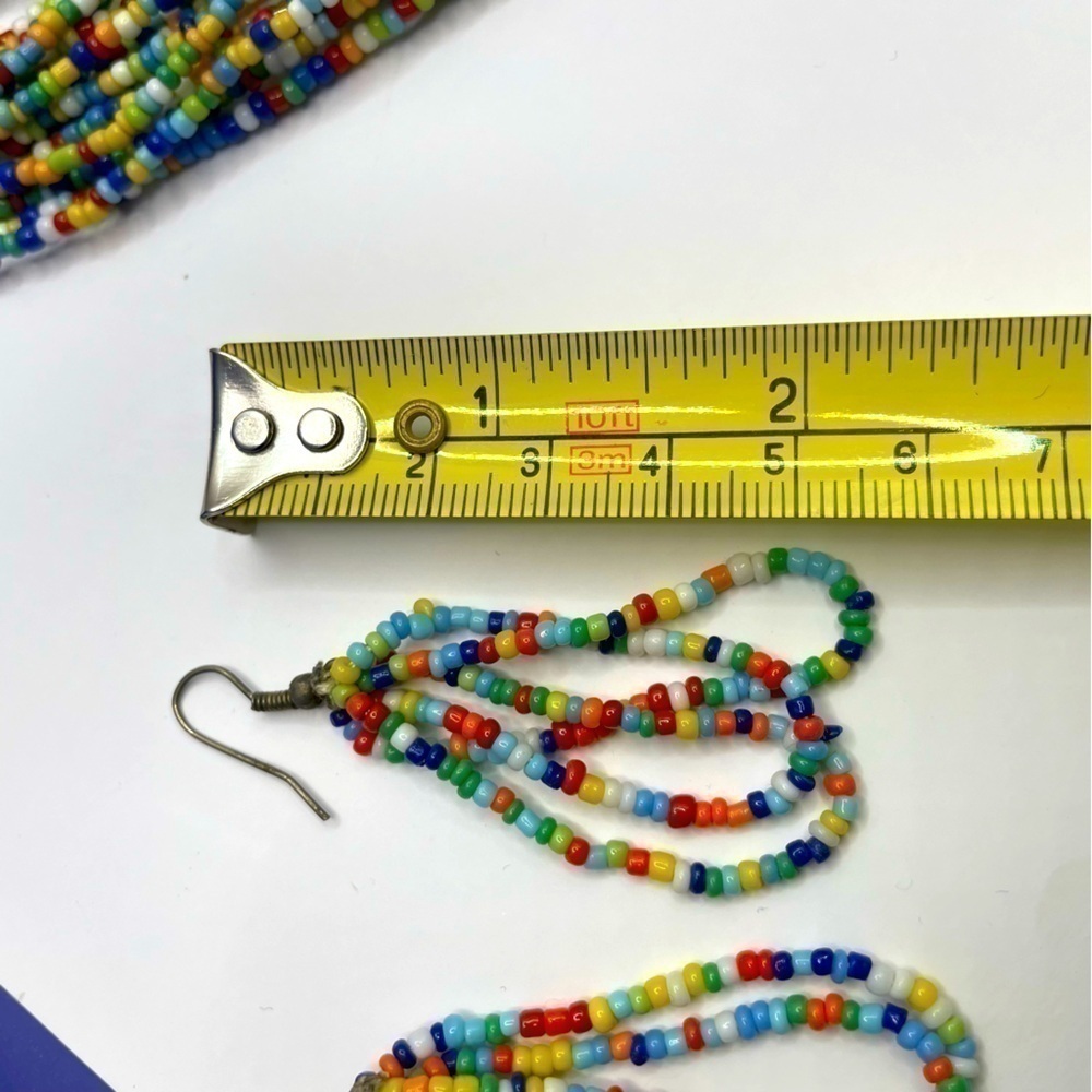 African Jewelry LOOONG Necklace Earrings Artisan Kenyan Set Rainbow Beaded RARE! - Picture 6 of 8
